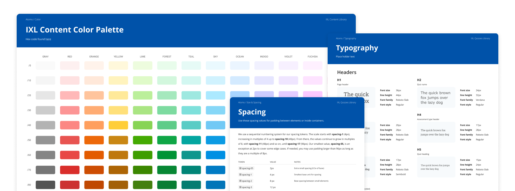 IXL typography and color palette library pages