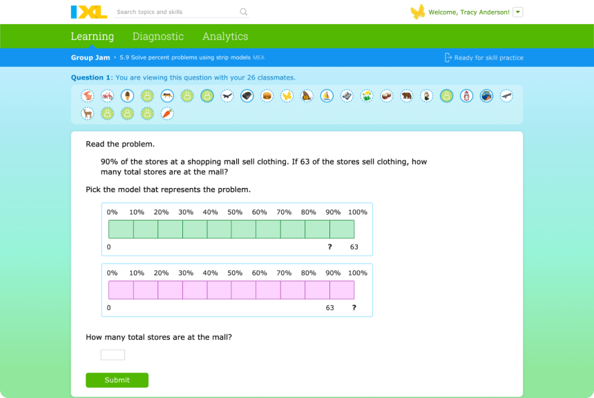 Student view of an IXL Group Jam session, showing the shared question and classmates' avatars