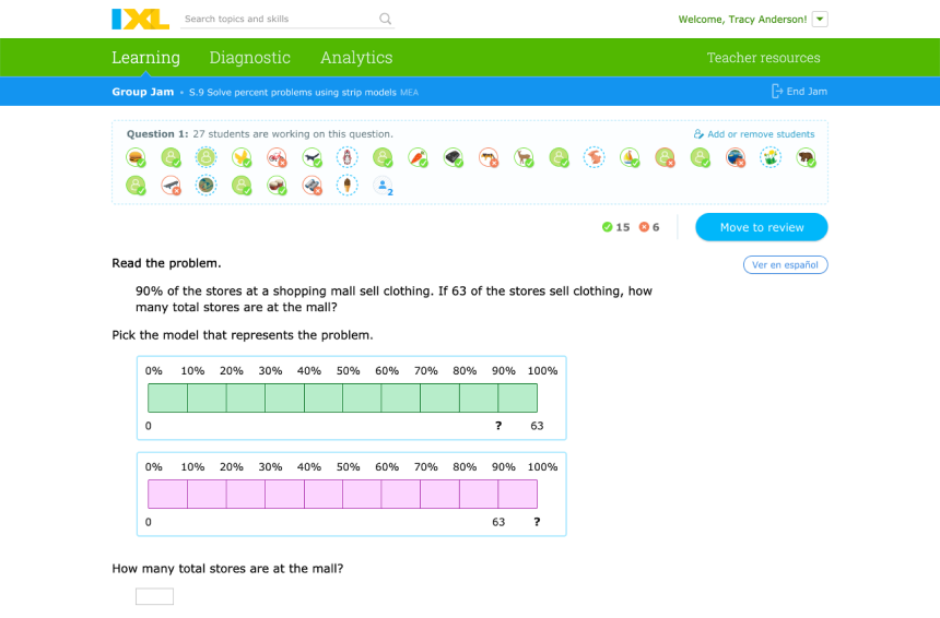 Teacher view of an IXL Group Jam session, showing the class working through the same question