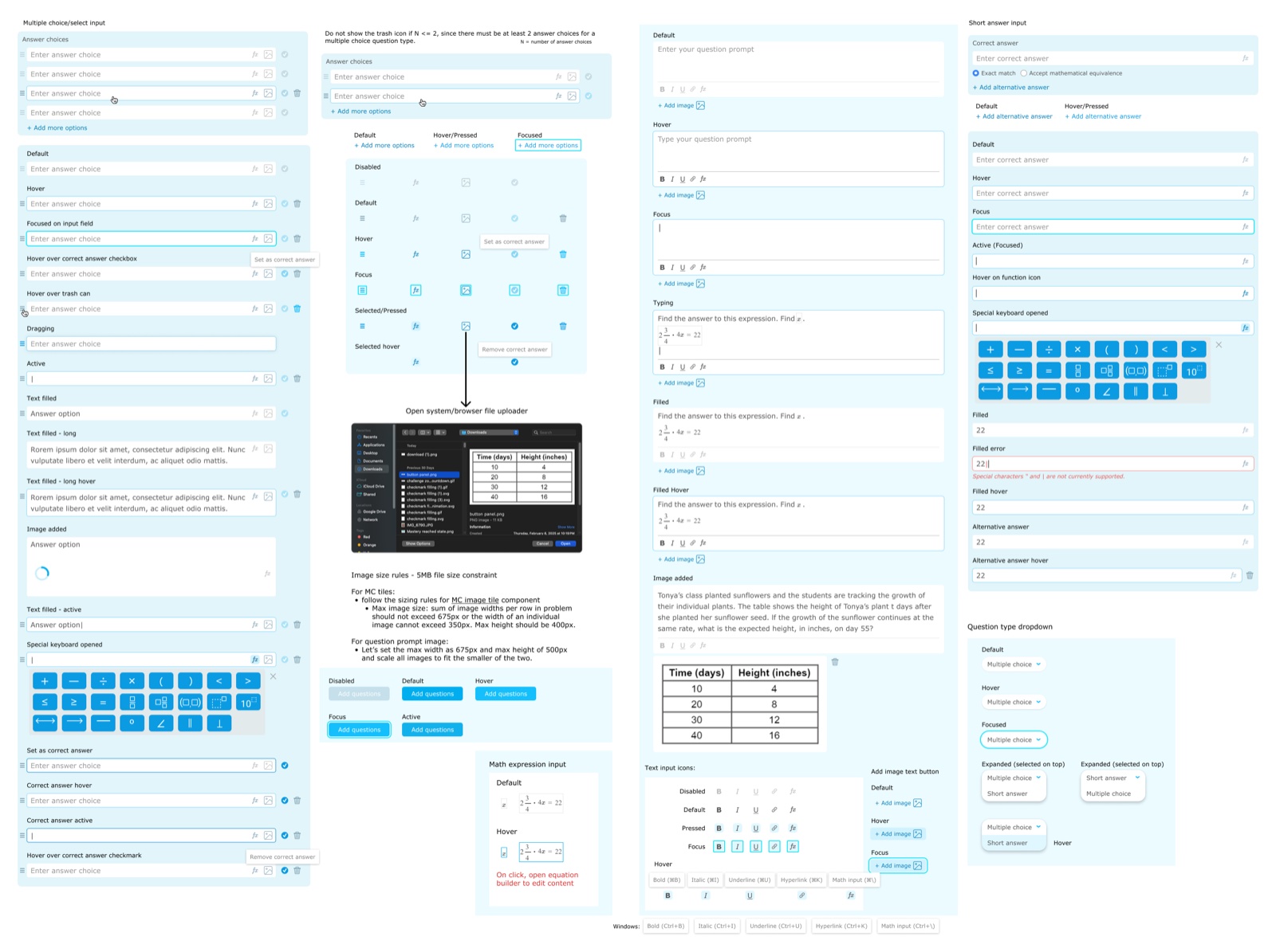 Question type selector UI for authoring custom multiple choice, short answer, and math expression questions