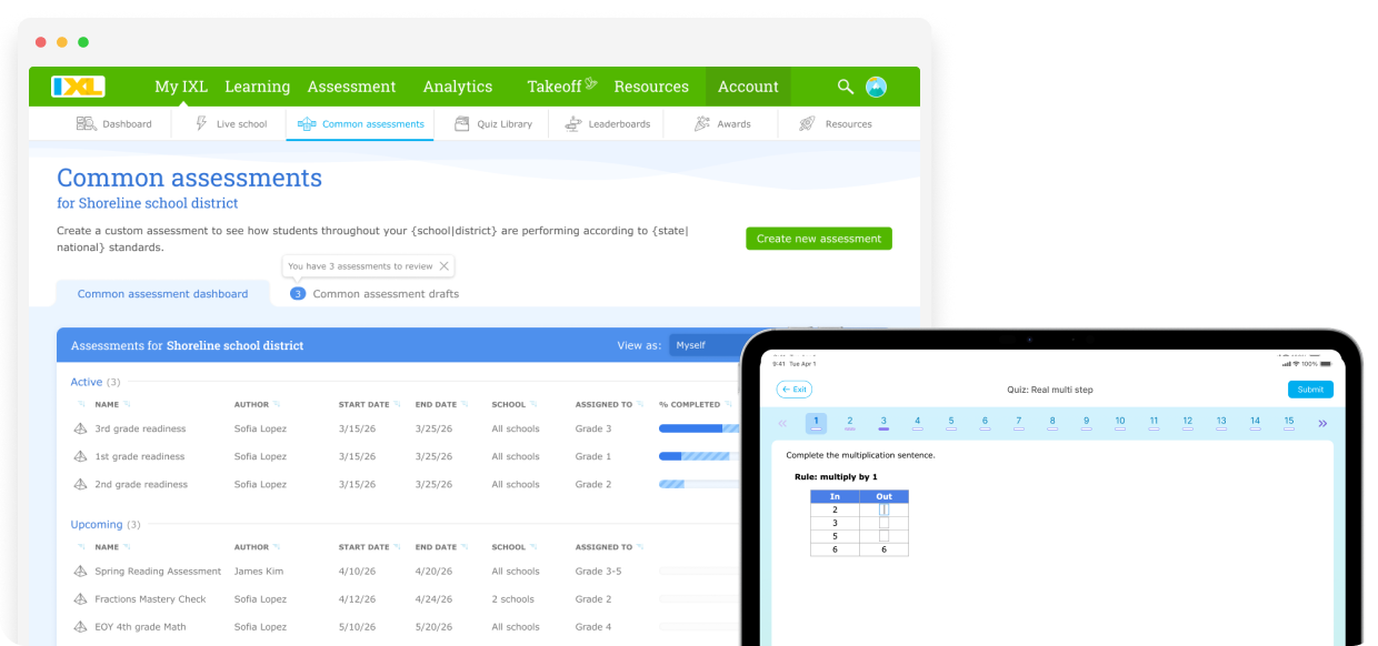 IXL Quizzes shown on desktop and tablet