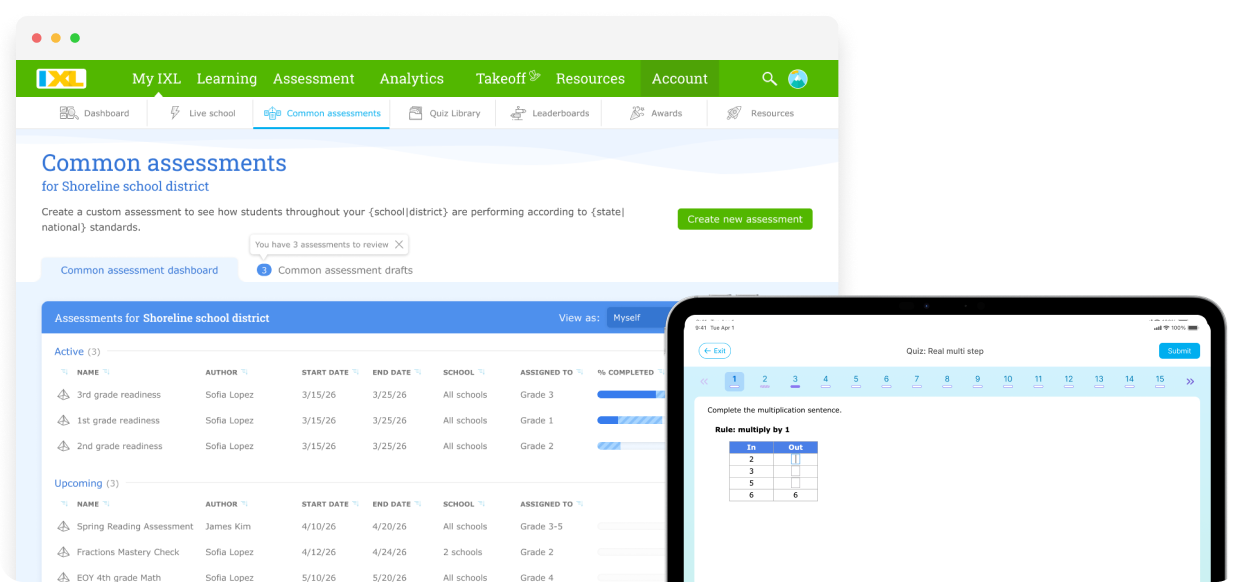 IXL Quizzes common assessment dashboard and mobile quiz-taking interface