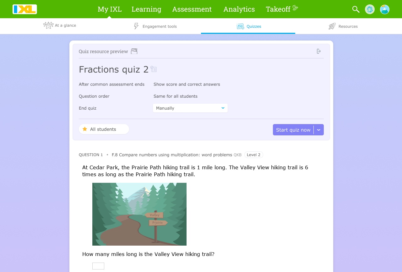 Quiz resource preview showing quiz settings before assigning to students