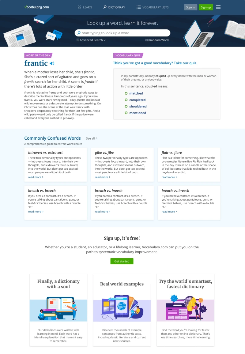 Vocabulary.com dictionary homepage after the redesign, ad-free and focused
