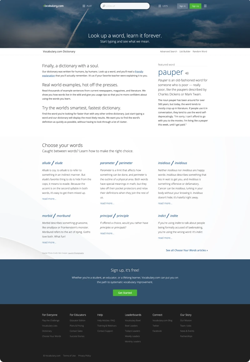 Vocabulary.com dictionary homepage before the redesign, cluttered with ads