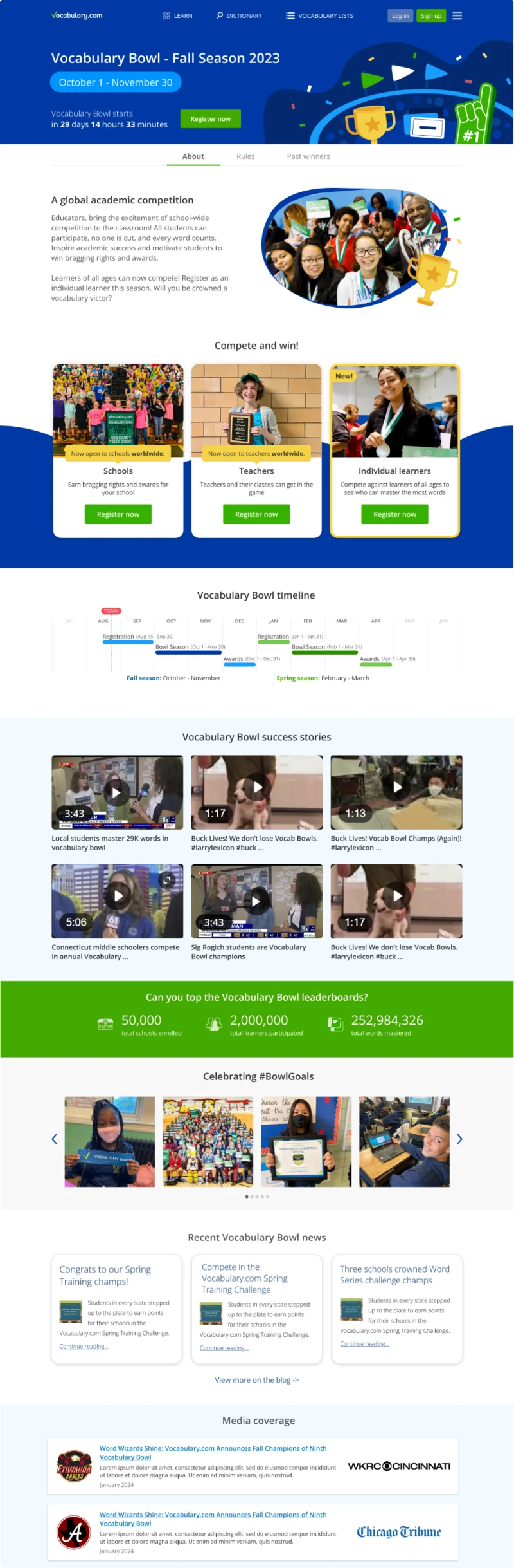 Vocab Bowl page after the redesign, with clarified competition types and sign-up flow