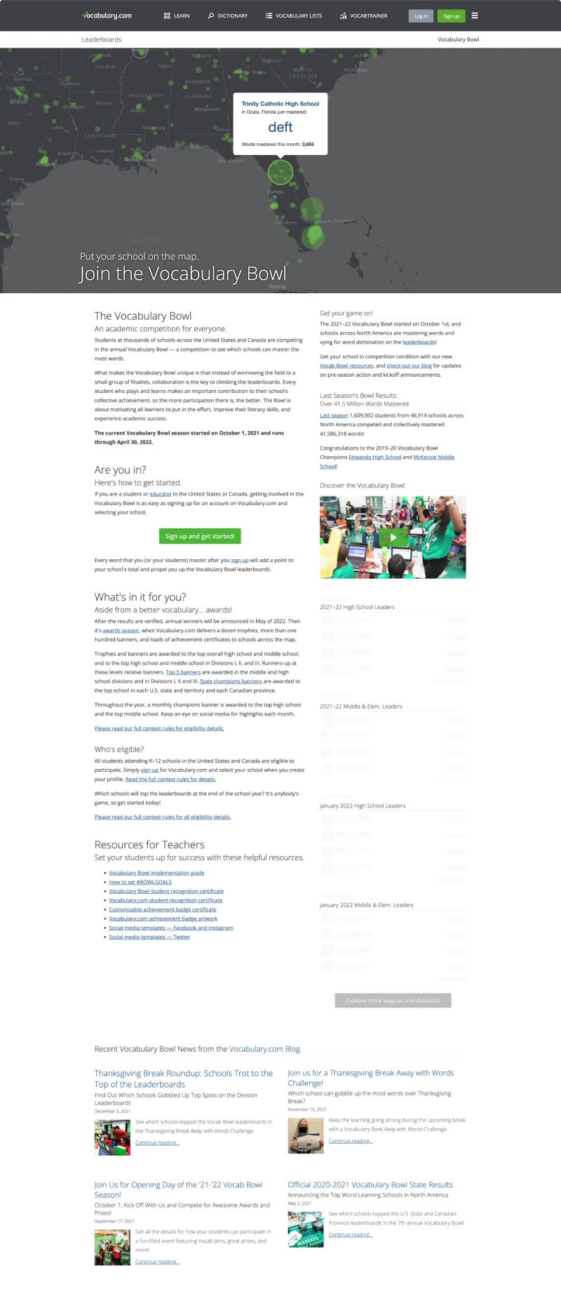 Vocab Bowl page before the redesign