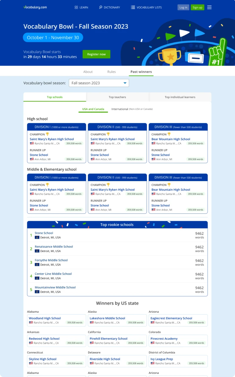 Vocab Bowl leaderboard page after the redesign