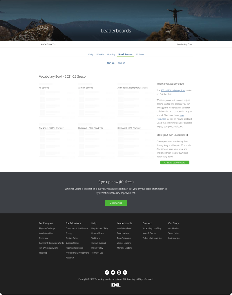 Vocab Bowl leaderboard page before the redesign