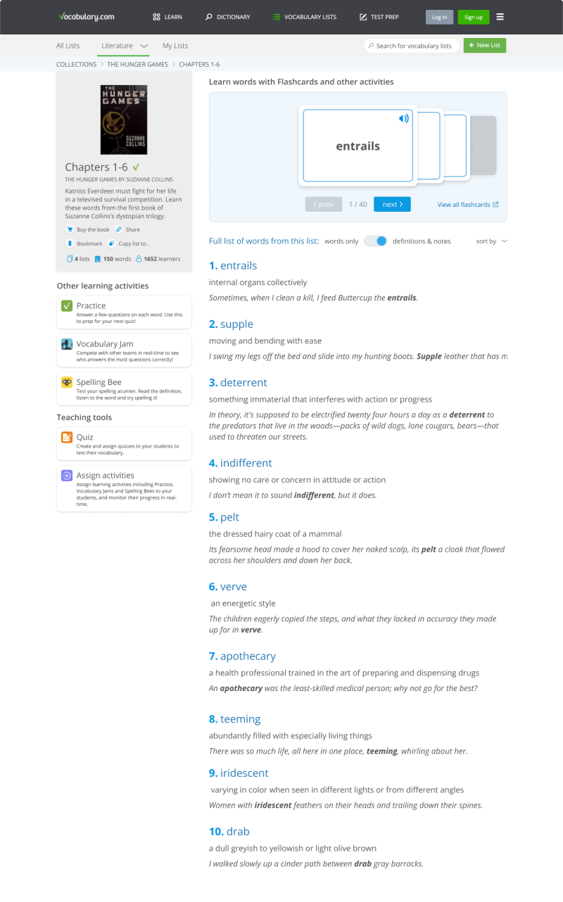 Vocabulary.com individual list page after the redesign, with flashcards added