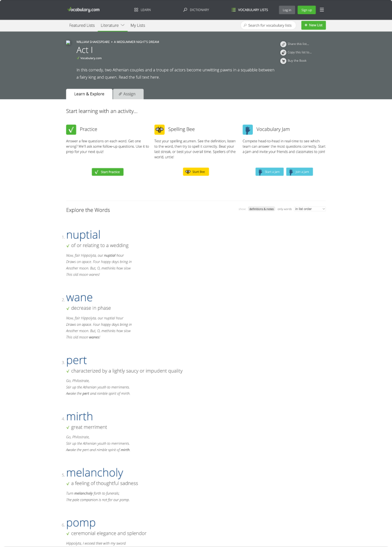 Vocabulary.com individual list page before the redesign