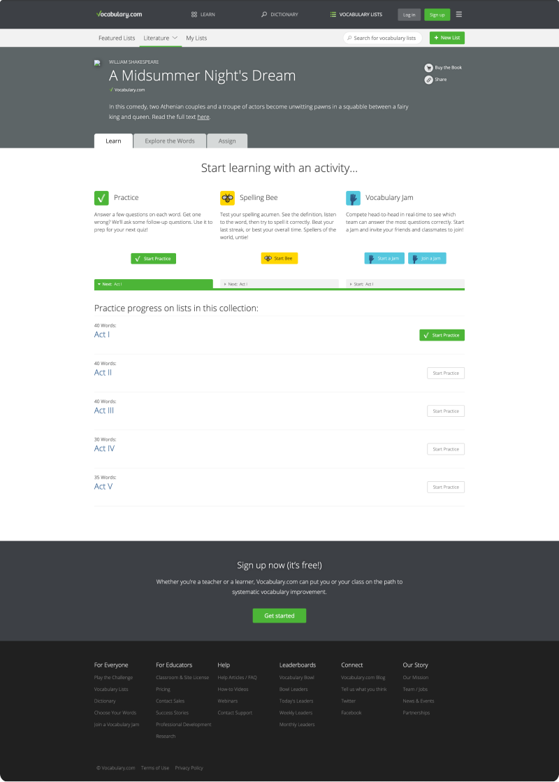 Vocabulary.com list collection page before the redesign