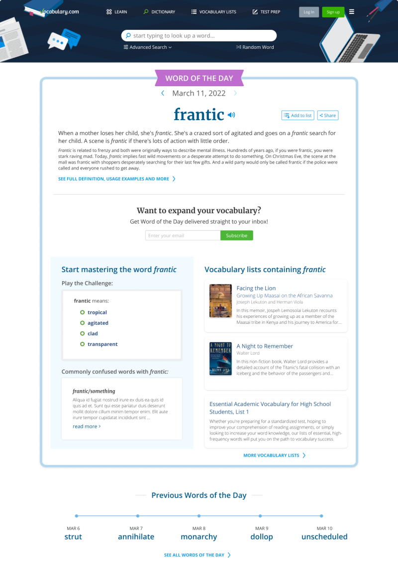 Vocabulary.com Word of the Day page after the redesign